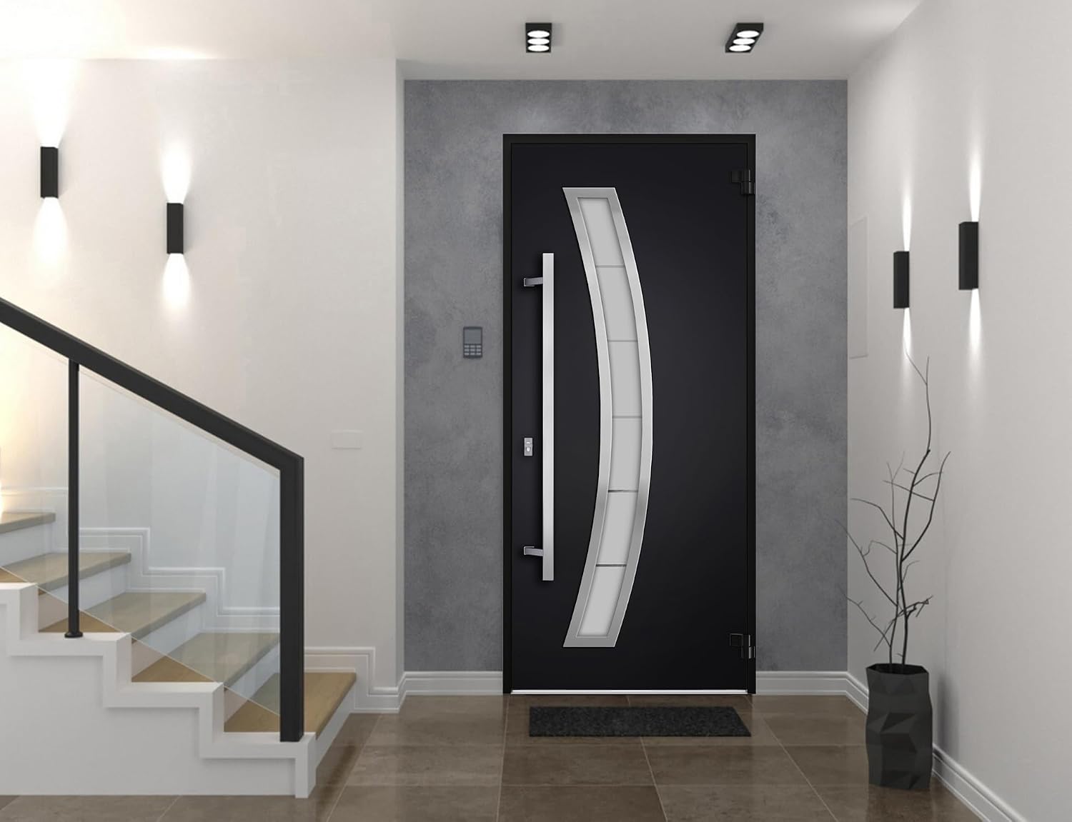 VDOMDOORS Front Exterior Prehung Steel Door/Deux 6500 Black/Stainless Inserts Single Modern Painted-W36 x H80-Left-hand Inswing
