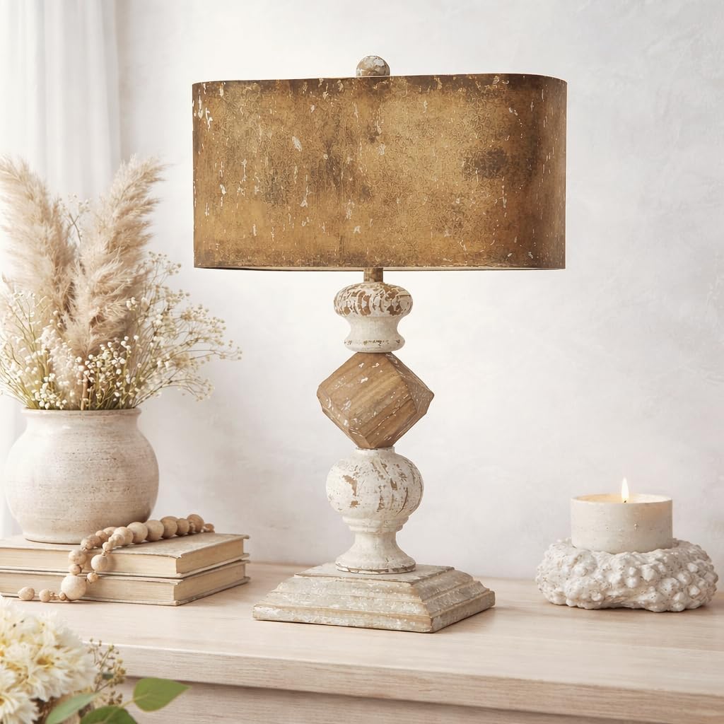 French Country Table Lamp, 21 Inch Rustic Distressed Wood Base with Metal Shade, Vintage Farmhouse Accent Lamp for Bedroom or Living Room