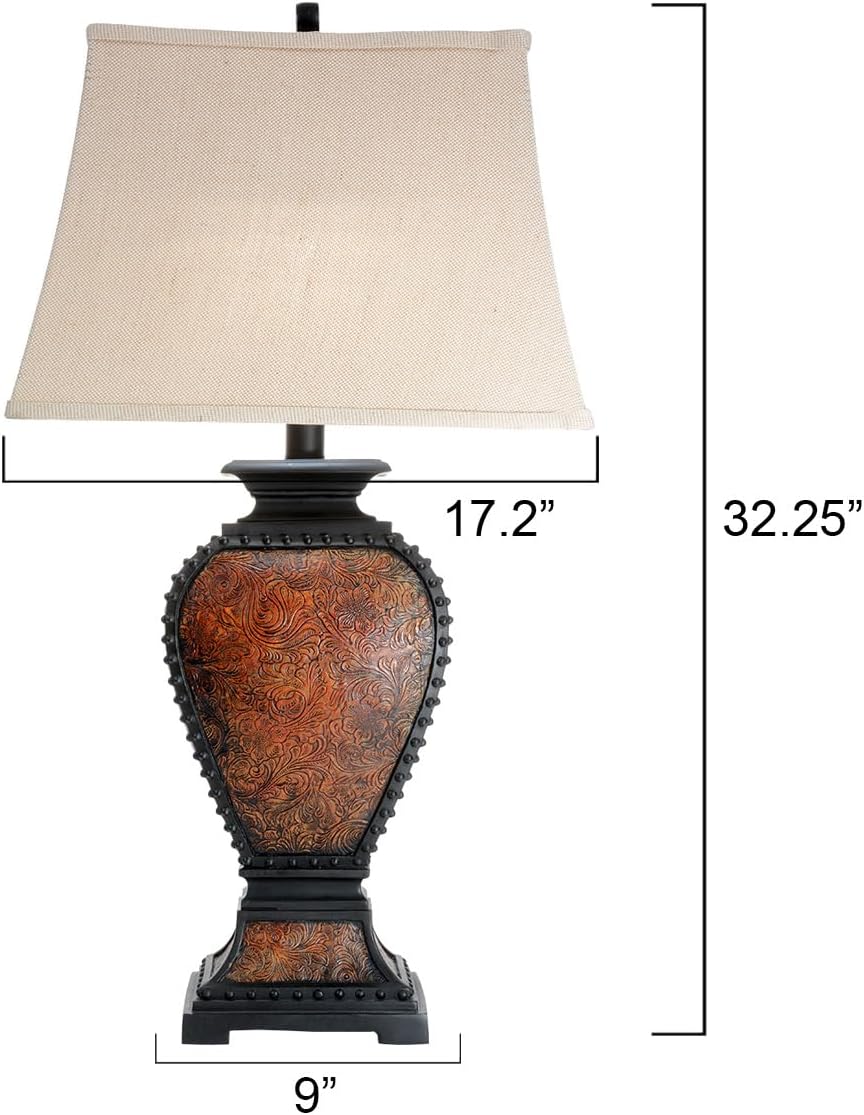 BLACK FOREST DECOR Western Tooled Leather Table Lamp - Rustic Faux Leather Shade for Cabin Decor