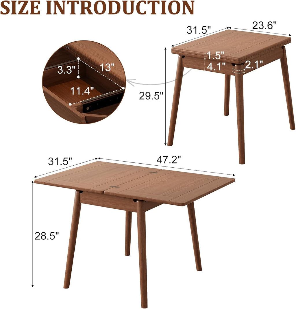 Solid Wood Small Dining Table for 2-6, 23.6'L-47.2'L Expandable Kitchen Table, Designed for Small Spaces, Easy Assembly, Suitable for Kitchen, Dining Room, Living Room, Apartment (Walnut)