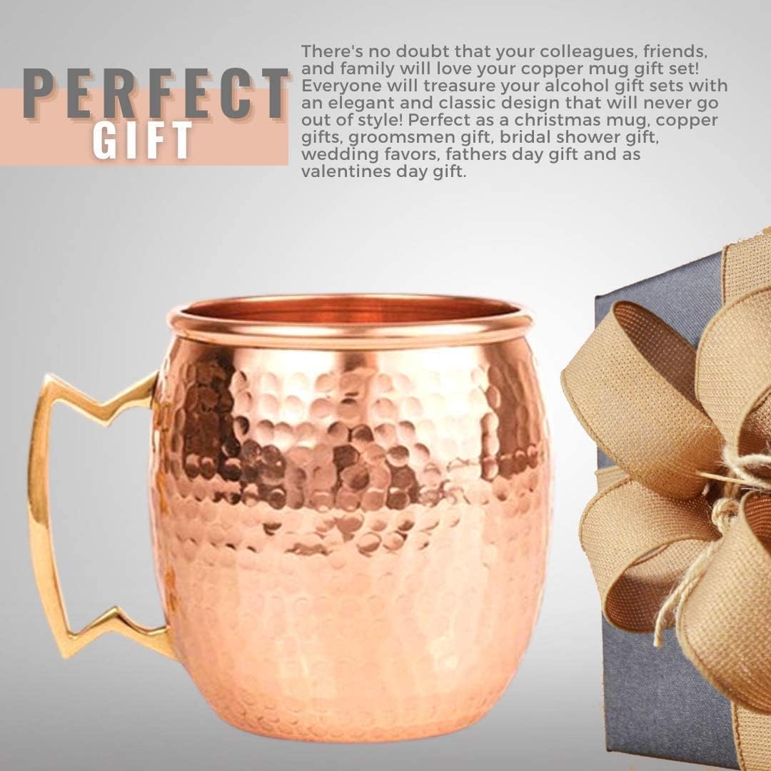 Kitchen Science Moscow Mule Copper Mugs Gift Set of 24 (16oz) – Pure Copper Hammered Barrel Style Cups w/Brass Handle, Food-Grade Lacquered Finish, Tarnish-Resistant, Includes 24 Straws & A Jigger