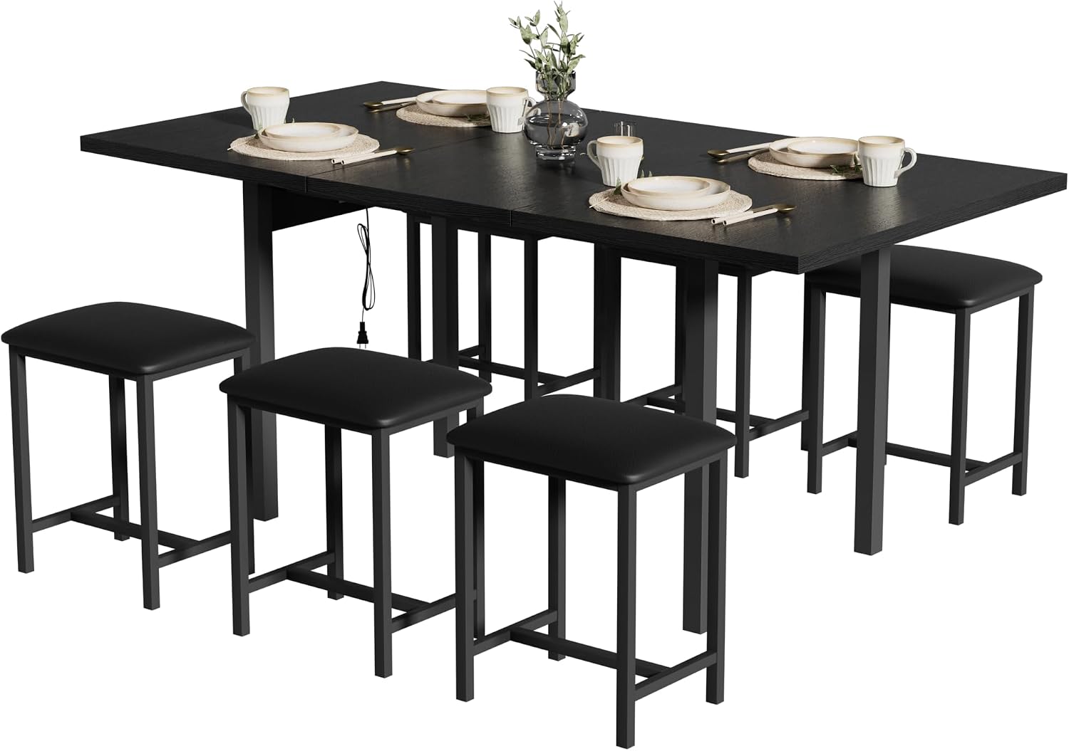 VECELO 7-Piece Dining Table Set with 6 Square Stools, 63' Expandable Kitchen Table with USB Charging & Metal Frame for 2/4/6, Wood Dinette Perfect for Small Spaces, Easy Assembly, Black