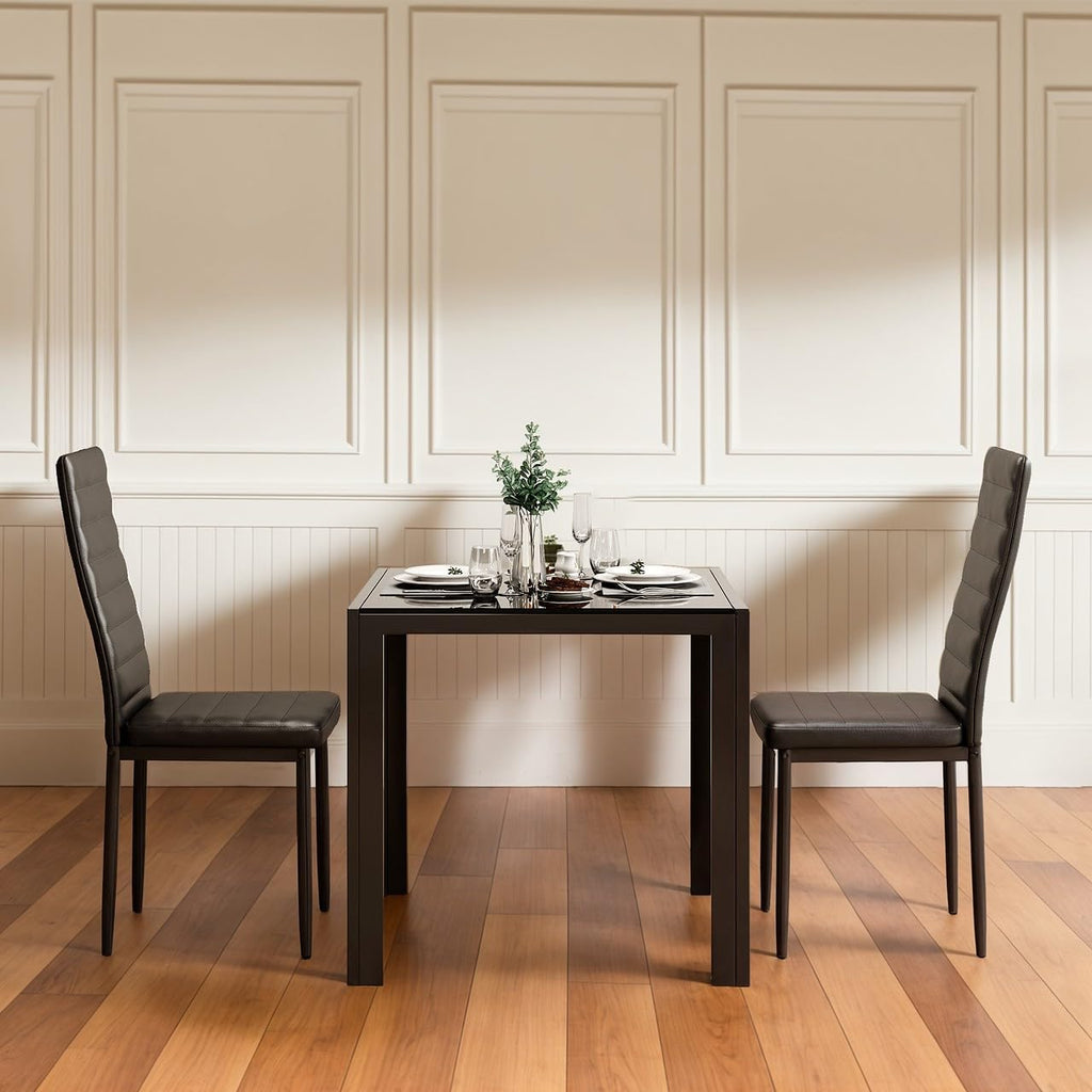 Gizoon 3 Piece Glass Dining Table Set, Kitchen and Chairs for 2, PU Leather Modern Room Sets for Home, Kitchen, Living Room