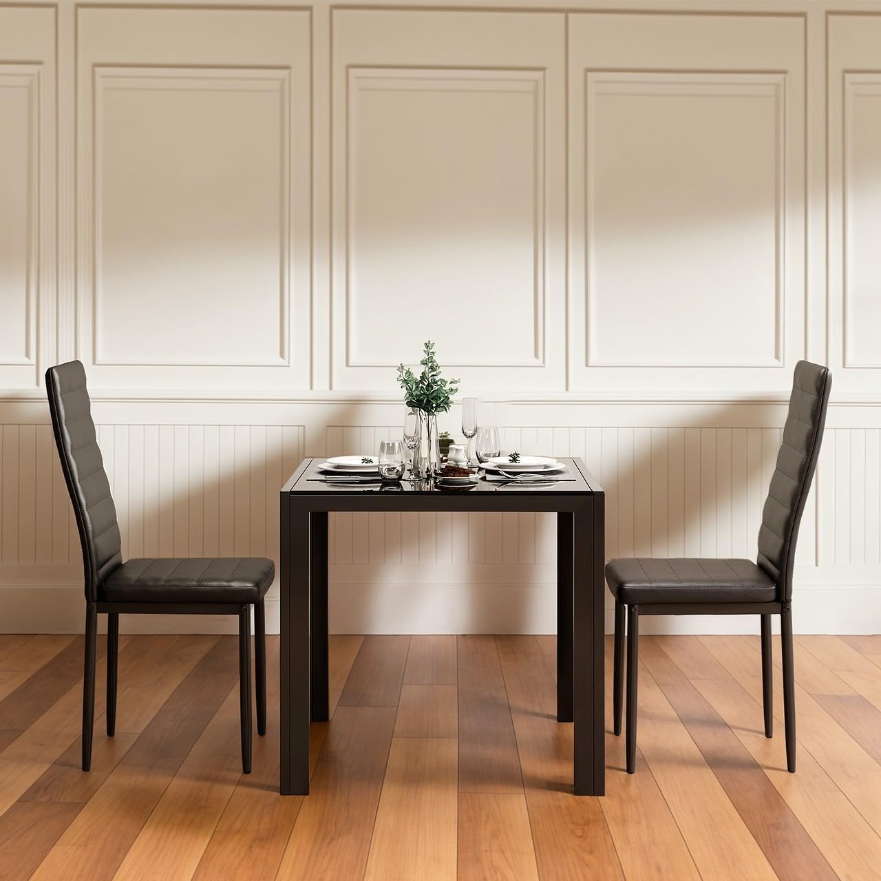 Gizoon 3 Piece Glass Dining Table Set, Kitchen and Chairs for 2, PU Leather Modern Room Sets for Home, Kitchen, Living Room