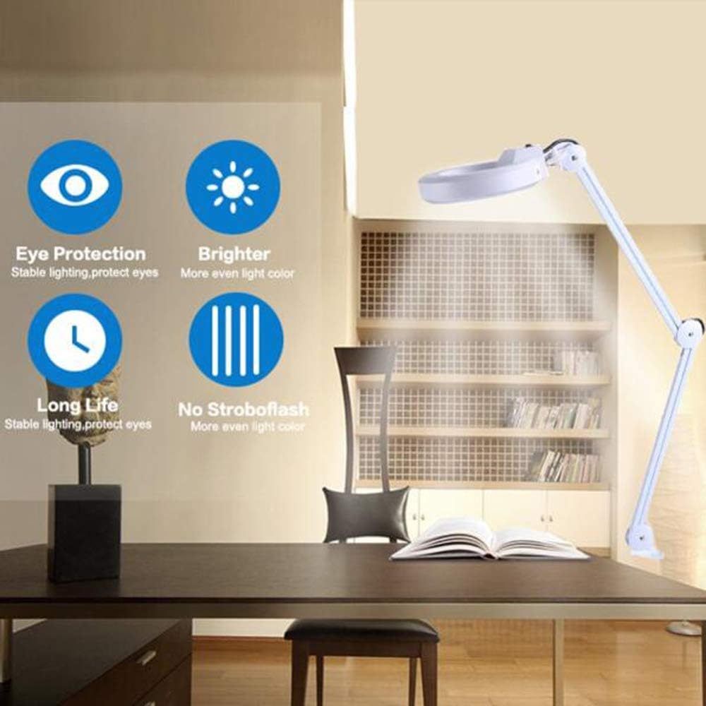 5X/8X LED Magnifying Lamp with Clamp,Super Bright Magnifier Glass Lamp, Full Daylight Lens with Adjustable Swivel Arm Light for Desk Table Task Craft Or Workben (White(8X))