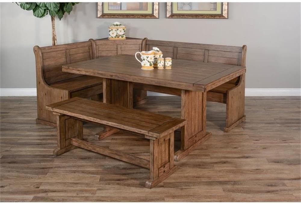 Pemberly Row 75' x 56' Farmhouse Wood Breakfast Nook Set with Table, Lift Seats, Hidden Storage, Reversible Benches, for Small Spaces, in Buckskin/Taupe Brown Finish