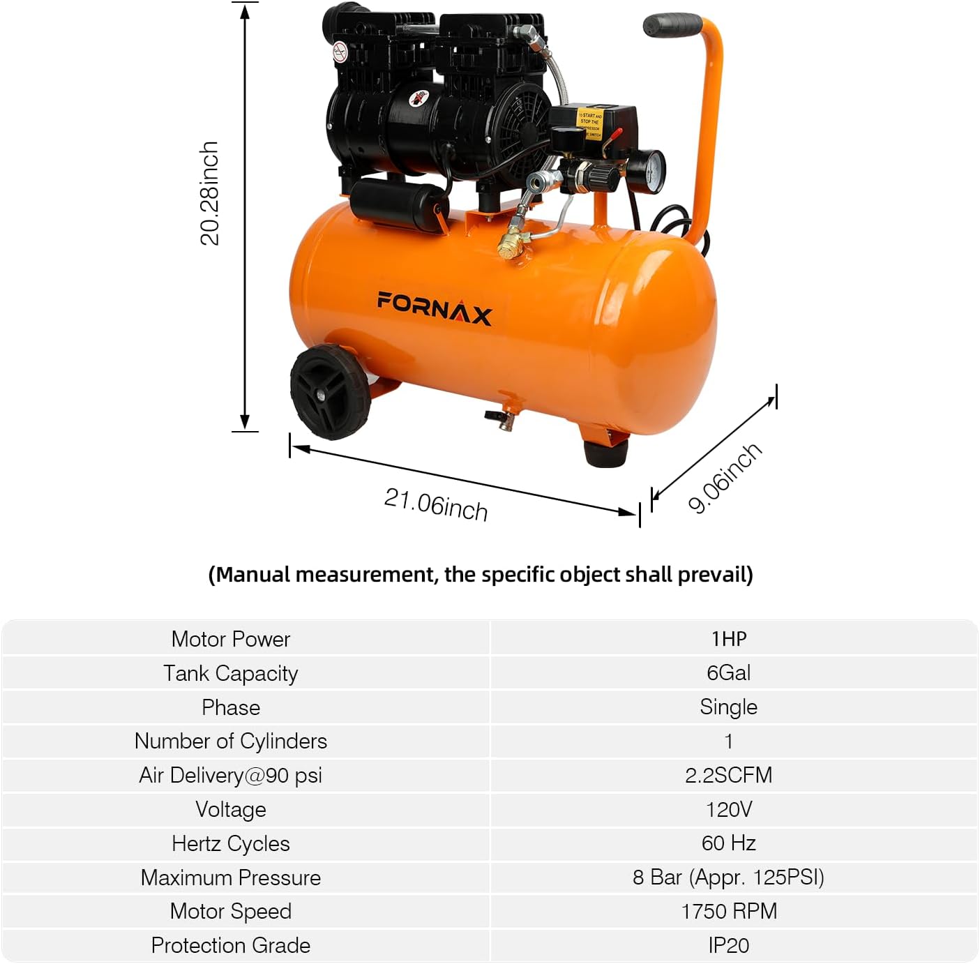 FORNAX Portable Air Compressor 6.4 Gallon, 1 HP 2.2CFM@ 90 PSI Oil Free Air Compressor, Max Pressure 125 PSI, 65 dB Quiet Compressor for Auto Repair, Tire Inflation, Spray Painting, Woodwork Nailing