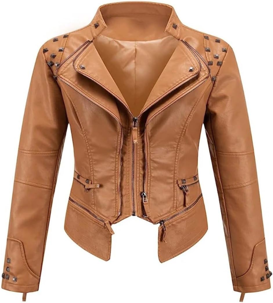 Ladies' Spring and Autumn suit collar, rivet waist, short style, washed PU, slimming and elegant leather jacket