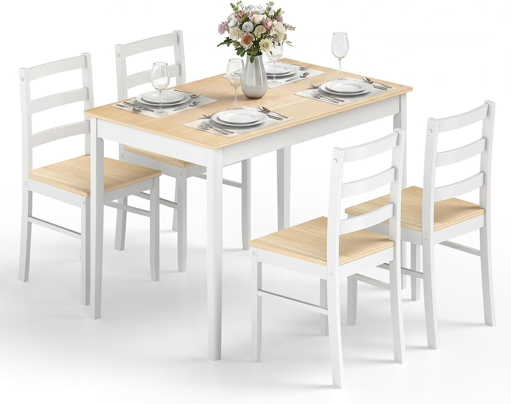 Giantex 5-Piece Dining Table Set for 4, 45' Rectangular Kitchen Table and Chairs Set with Solid Rubber Wood Legs, Space Saving Dinette Set for Small Space, Breakfast Nook, Restaurant (Beige)