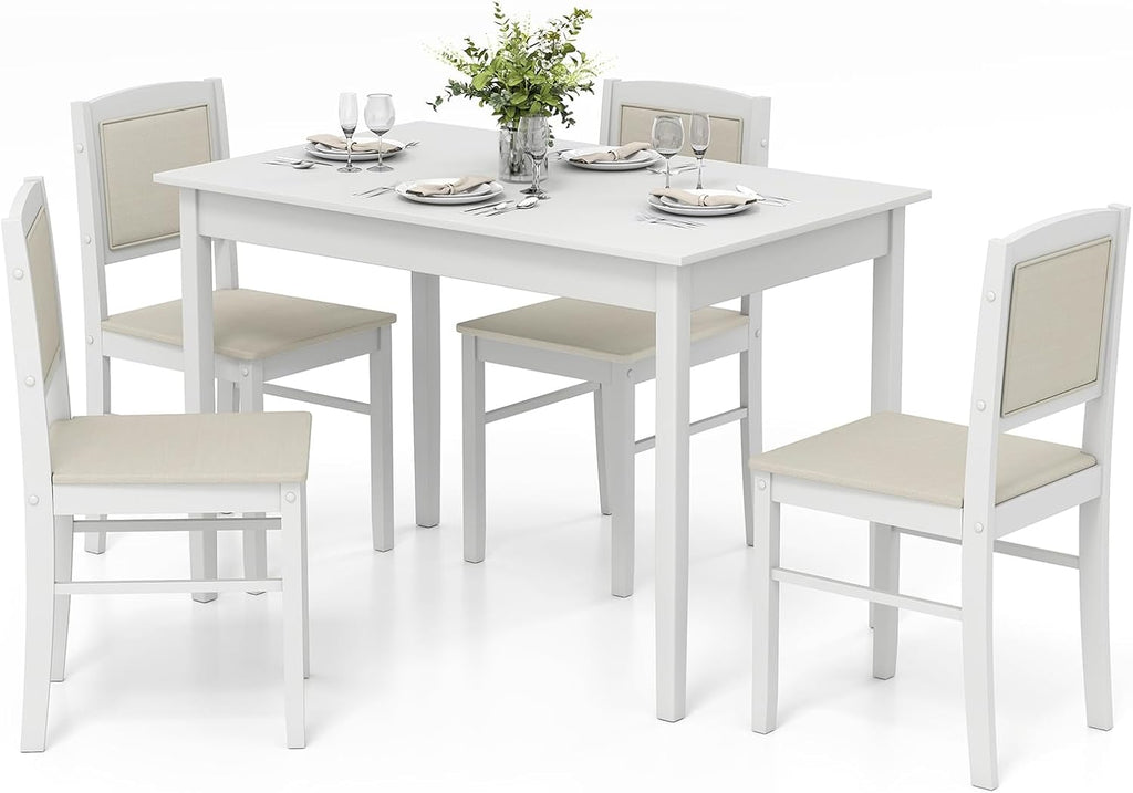 Tangkula Dining Table Set for 4, Farmhouse Solid Wood Dinette Set w/Rubber Wood Legs, Upholstered Seat & Padded Backrest, Mid-Century Modern Dining Table and Chairs Set for Kitchen, Dining Room