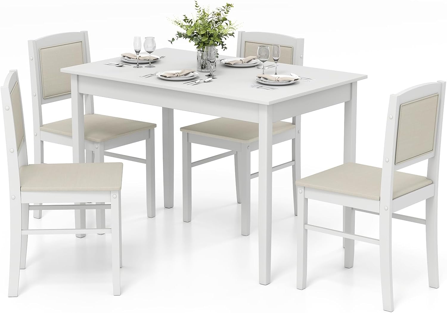 Tangkula Dining Table Set for 4, Farmhouse Solid Wood Dinette Set w/Rubber Wood Legs, Upholstered Seat & Padded Backrest, Mid-Century Modern Dining Table and Chairs Set for Kitchen, Dining Room