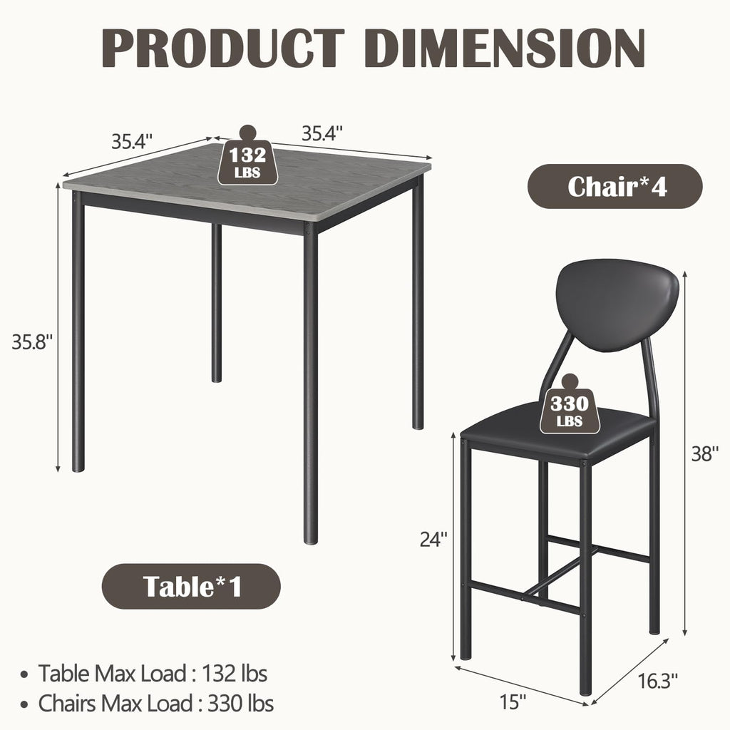 EROMMY Dining Table Set for 4, Modern Kitchen Table and Chairs with PU Leather Upholstery, Wood Dining Table with Chairs for Small Space, Dining Room, Gray