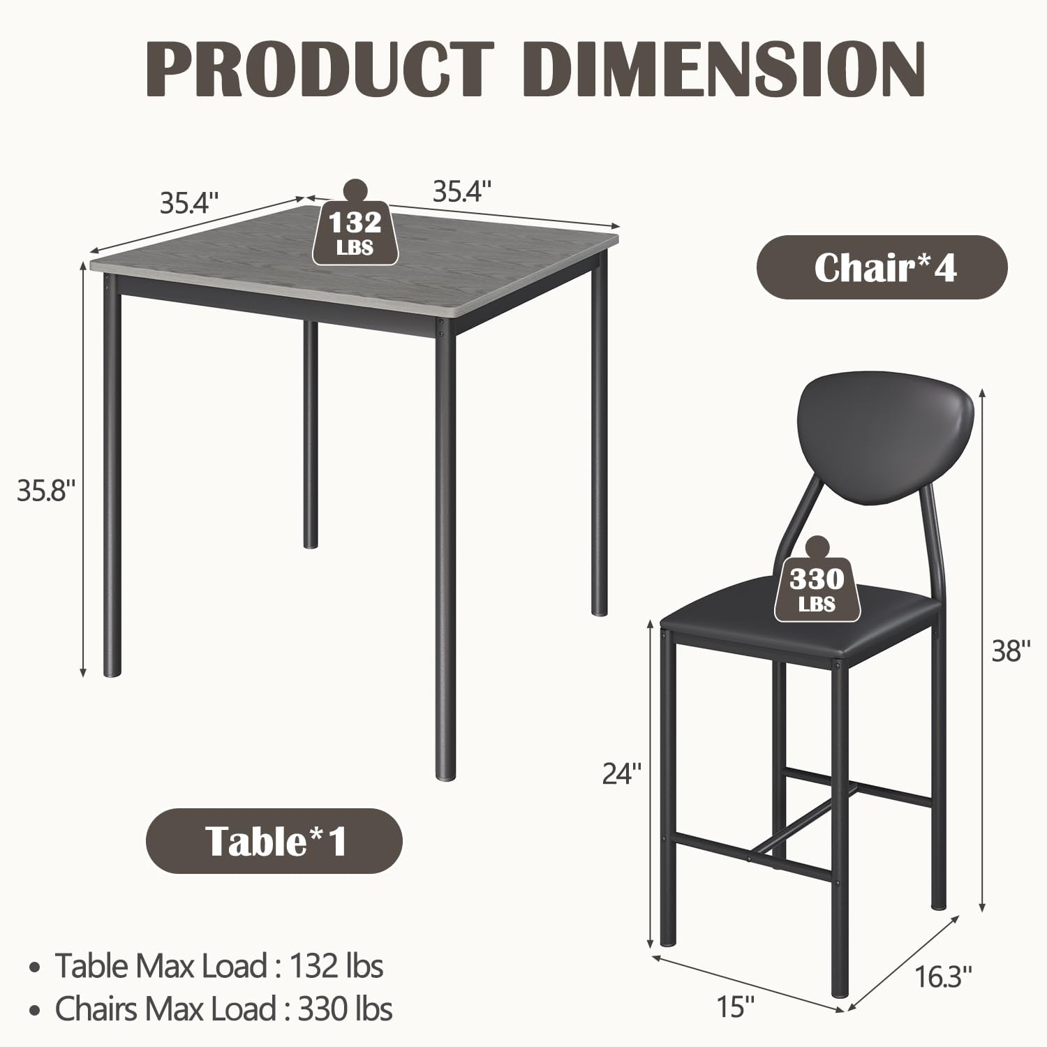 EROMMY Dining Table Set for 4, Modern Kitchen Table and Chairs with PU Leather Upholstery, Wood Dining Table with Chairs for Small Space, Dining Room, Gray