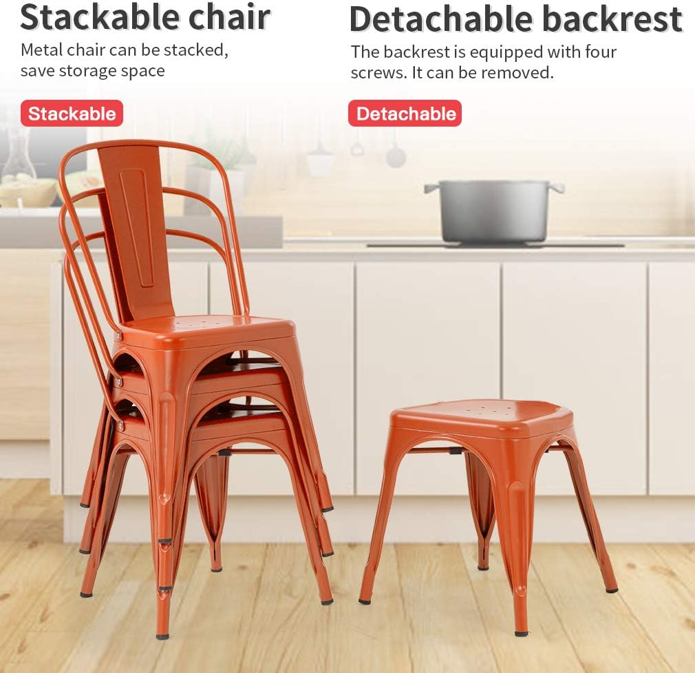 FDW | Set of 4 Metal Dining Chairs | Orange | Stackable Tolix Side Chairs with Backrest | Scratch-Resistant | Non-Slip Feet | Indoor/Outdoor Use | 330 lbs Capacity | Ideal for Kitchen & Restaurant