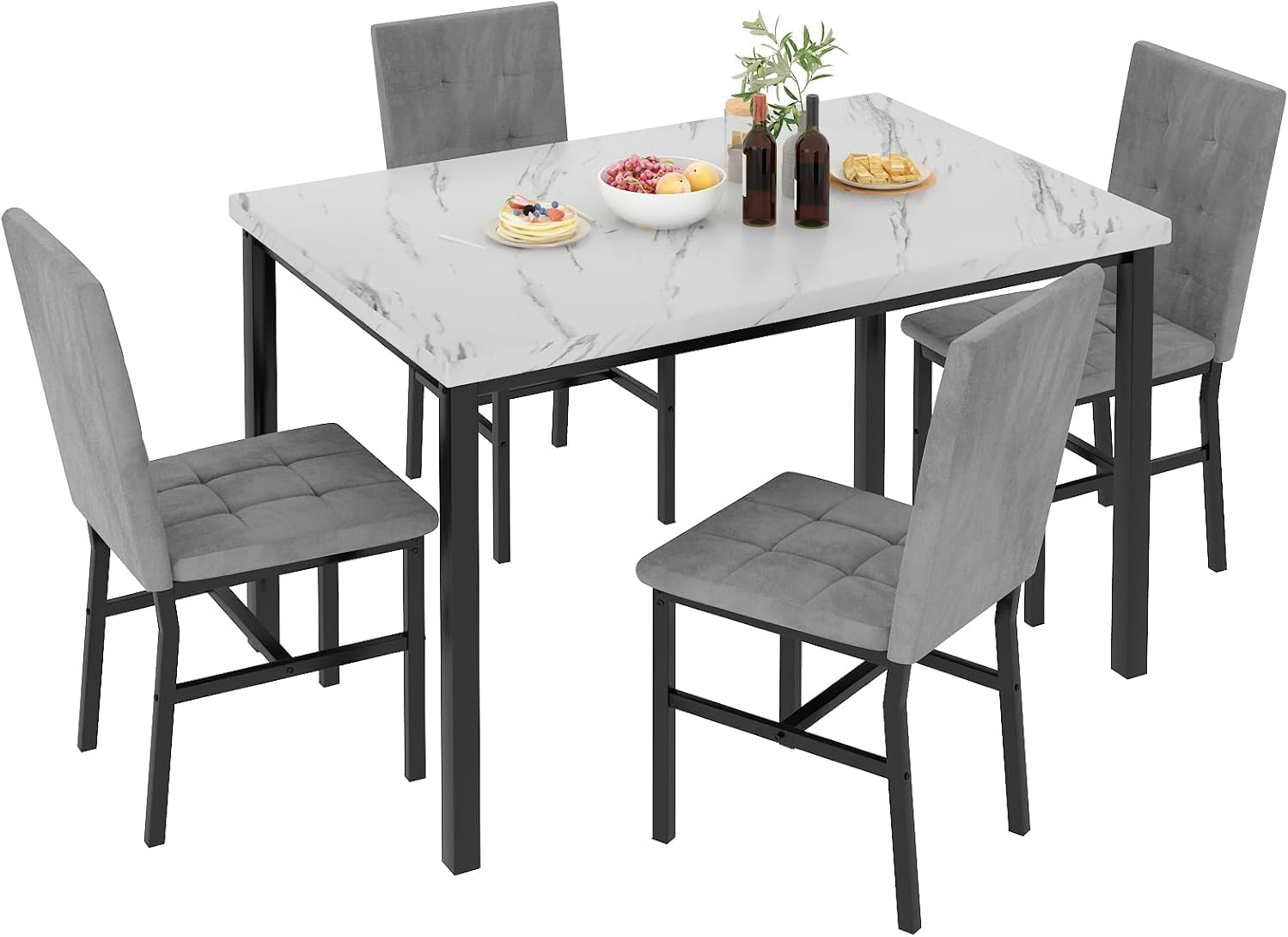 Hooseng Dining Room Table Set 5 Piece Dining Table Set Marble Dining Table 4 Chair Dining Table Set for Kitchen Living Room Breakfast Small Spaces (White & Grey)