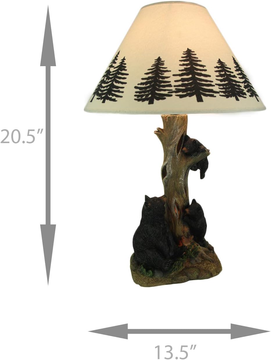 Zeckos Playful Black Bears Climbing Pine Tree Rustic Table Lamp with Nightlight Base