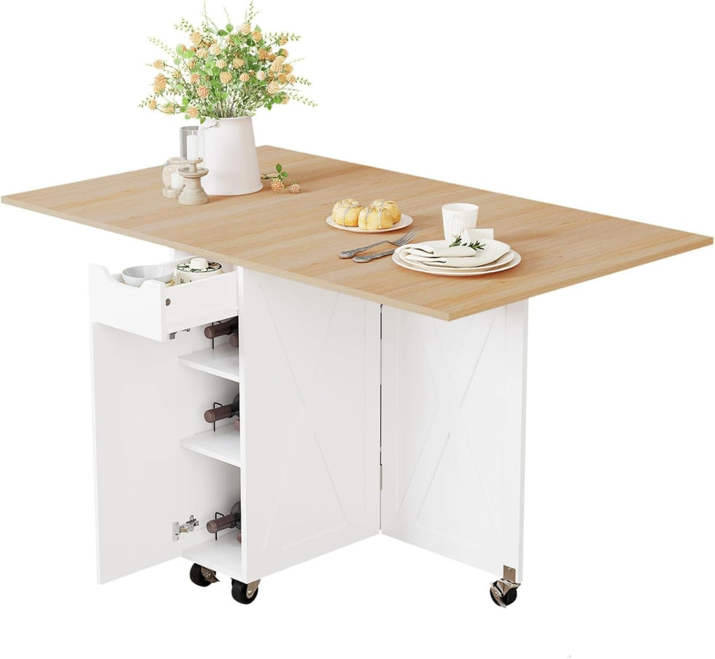 Folding Dining Table with 6 Wheels, Drop Leaf Tables for Small Spaces, Foldable Dining Table with 2-Layer Storage Rack, Kitchen Table with Drawer (Oak)