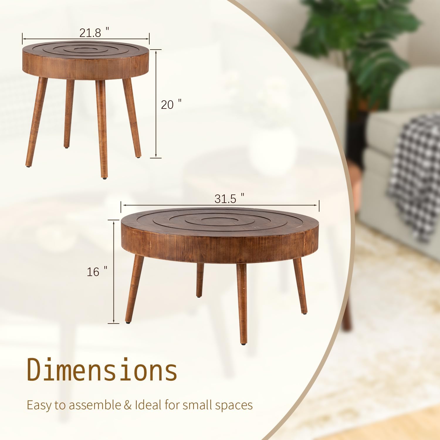 SUNBURY Round Coffee Table, Nesting Tables with Concentric Circle Pattern, Mid Century Modern Coffee Table Set for Living Room Bedroom, 31.5'x16' and 21.8'x20'