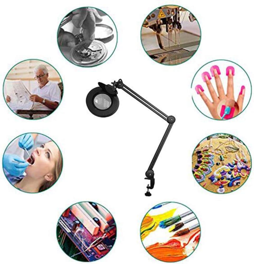 Led 5X Magnifying Glass Clamp Lamp,Daylight Bright Lighted Lens,Adjustable Swivel & Swing Arm Magnifier Table Lamp Light for Beauty Cosmetic Tattoo Manicure