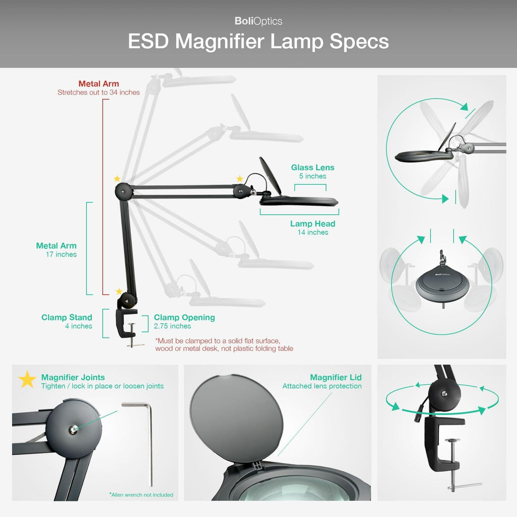 ESD Safe (Glass Lens) Professional LED Magnifying Lamp with Clamp (3 Diopter, 1.75X) Work Light, 4 Brightness Levels, Daylight Bright, 1200 Lumens, 5600K-6000K, Matte Black, BoliOptics MG16303122