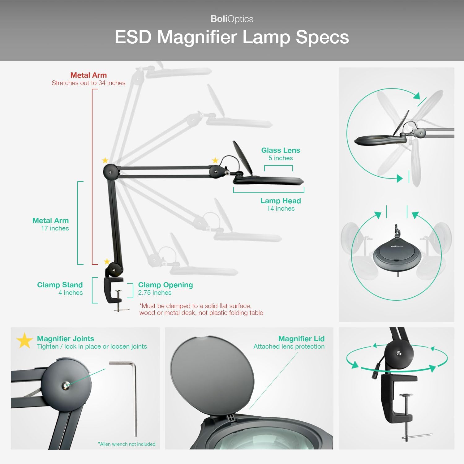 ESD Safe (Glass Lens) Professional LED Magnifying Lamp with Clamp (3 Diopter, 1.75X) Work Light, 4 Brightness Levels, Daylight Bright, 1200 Lumens, 5600K-6000K, Matte Black, BoliOptics MG16303122