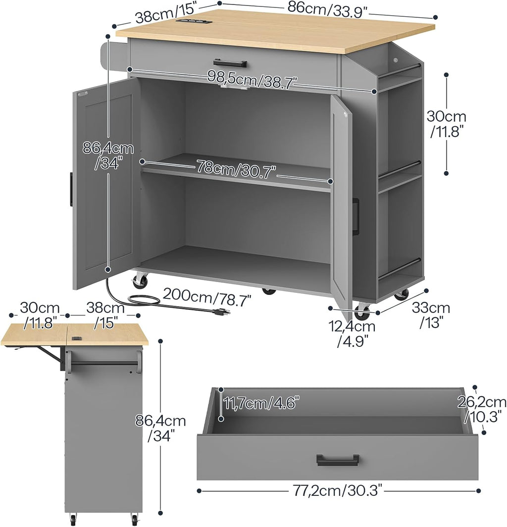 HOOBRO Kitchen Island with Drop Leaf Countertop & Power Outlet, Rolling Island Cart on Wheels, Kitchen Cart with Drawer & Spice Rack, Mobile Island Table for Kitchen, Natural and Grey GN86UZD01