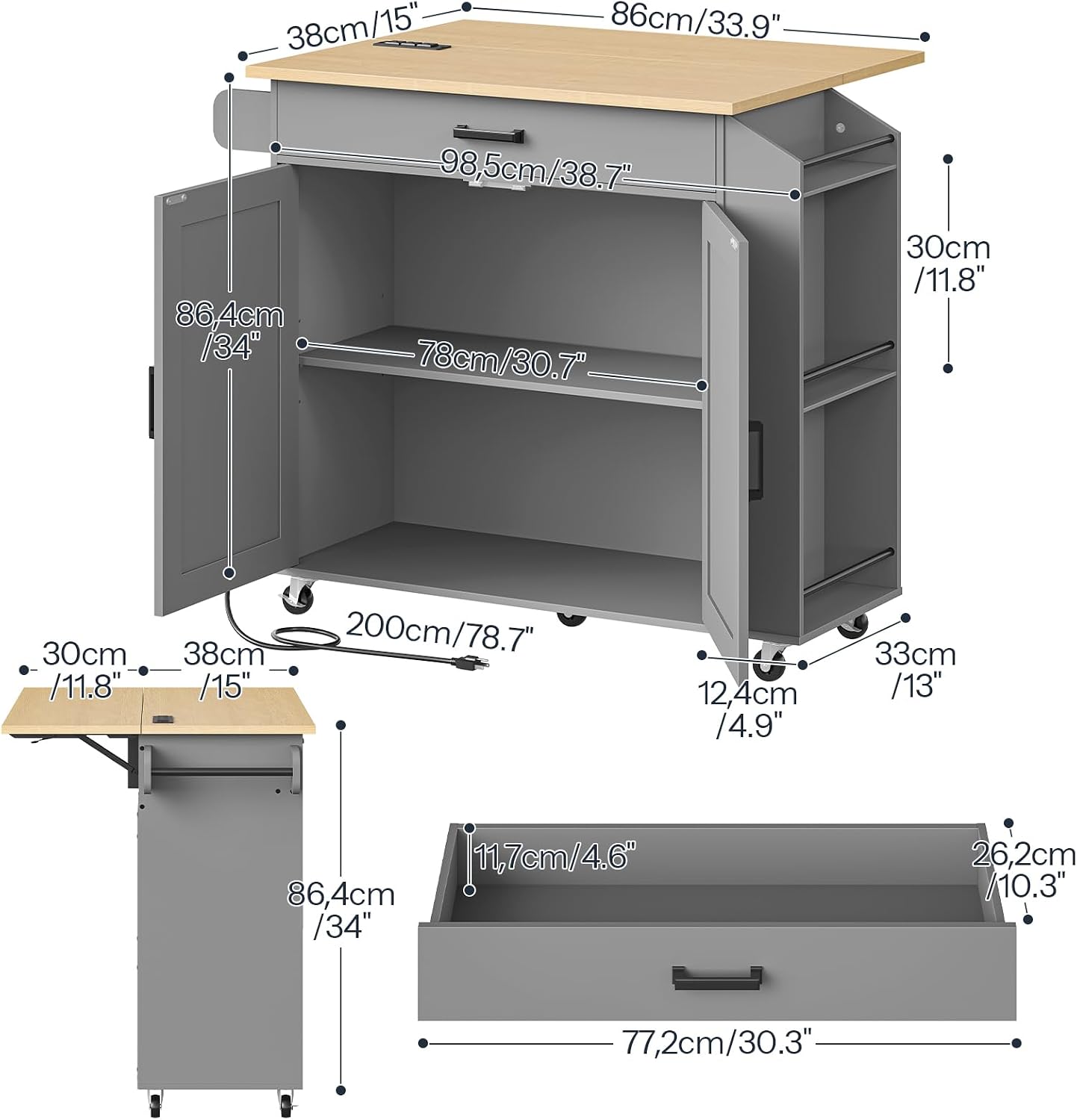 HOOBRO Kitchen Island with Drop Leaf Countertop & Power Outlet, Rolling Island Cart on Wheels, Kitchen Cart with Drawer & Spice Rack, Mobile Island Table for Kitchen, Natural and Grey GN86UZD01