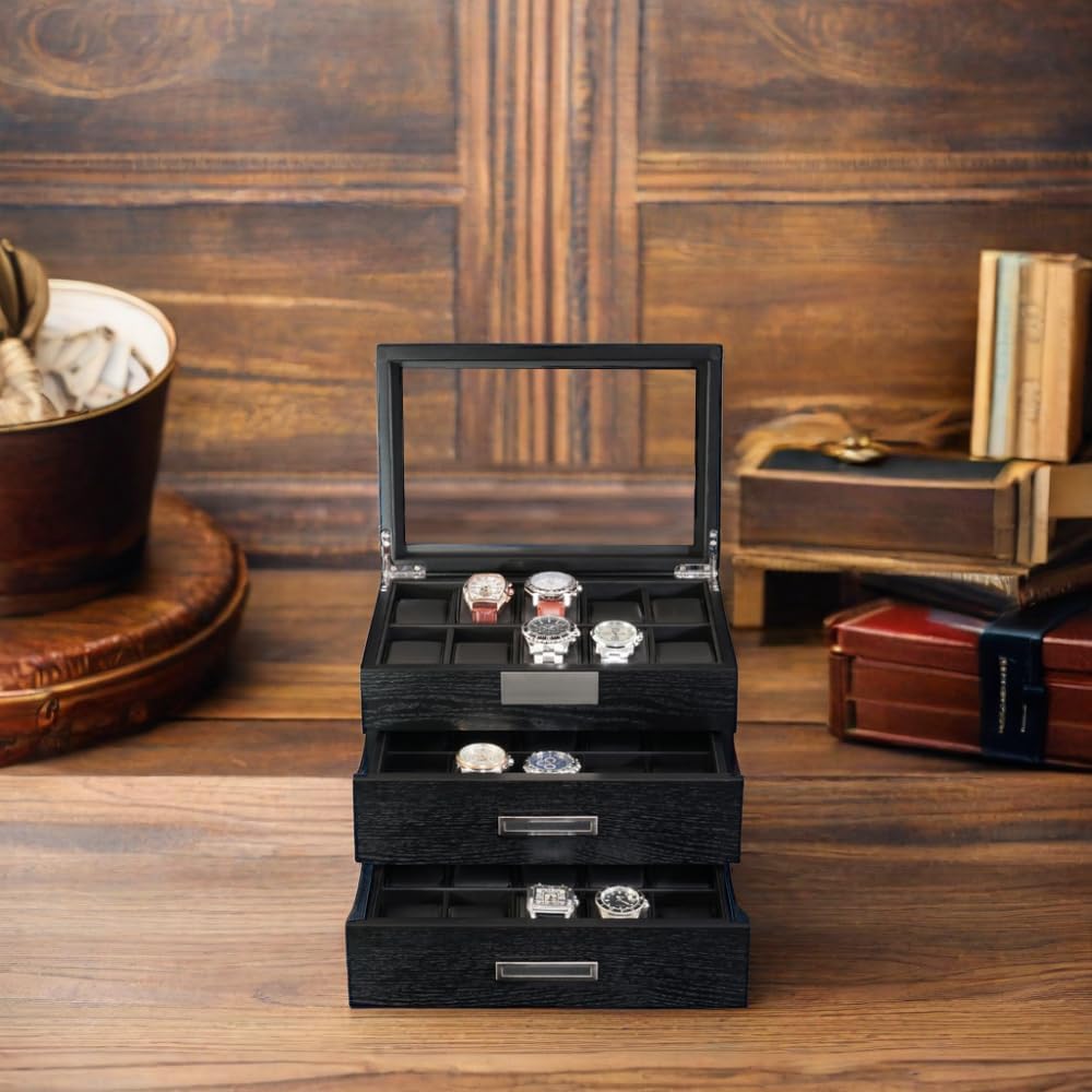 TIMELYBUYS 30 Black Ebony Wood Watch Extra Height Clearance Box Display Case 3 Level Storage Jewelry Organizer with Glass Top, Stainless Steel Accents, and 2 Drawers
