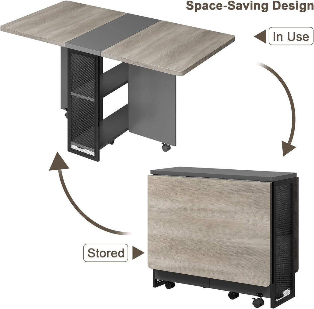 GarveeHome Folding Dining Table, Space Saving Farmhouse Dining Table for 4 Storage Shelf, 6 Wheels Multipose Expandable Kitchen Drop Leaf Table for Small Spac