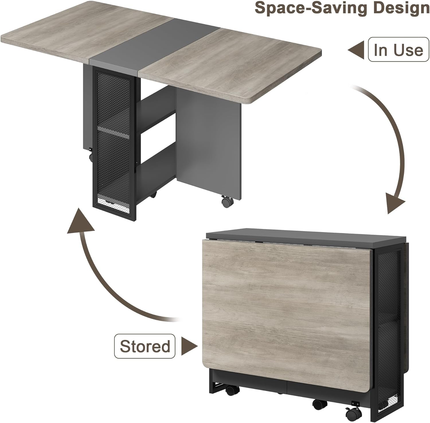 GarveeHome Folding Dining Table, Space Saving Farmhouse Dining Table for 4 Storage Shelf, 6 Wheels Multipose Expandable Kitchen Drop Leaf Table for Small Spac
