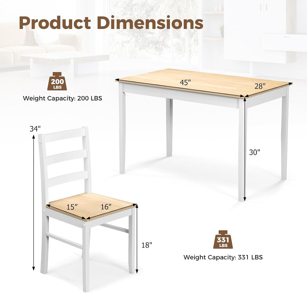 Tangkula Dining Table Set for 4, Solid Wood, Farmhouse Dinette Set w/Rubber Wood Legs, Compact Dining Table and Chairs Set for Kitchen, Dining Room (Natural+White)