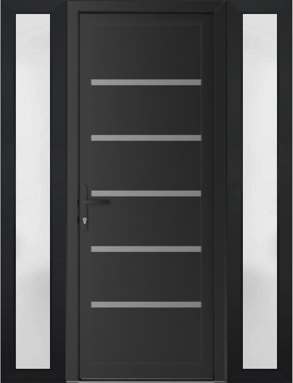 VDOMDOORS Front Exterior Prehung Metal-Plastic Door | Manux 8415 Matte Black | 2 Side Sidelite Transoms | Residential Doors Entrance Patio Garage 54 x 80 (W12+30+12 x H80) Right-Inswing
