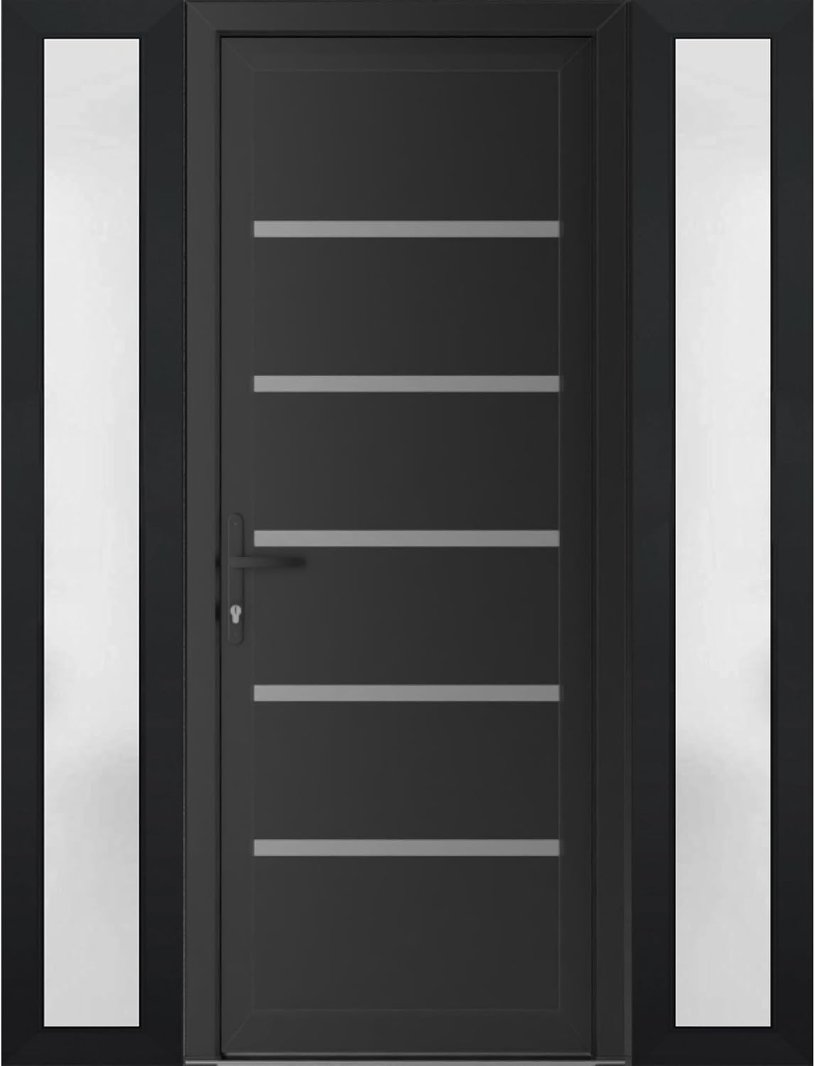 VDOMDOORS Front Exterior Prehung Metal-Plastic Door | Manux 8415 Matte Black | 2 Side Sidelite Transoms | Residential Doors Entrance Patio Garage 54 x 80 (W12+30+12 x H80) Right-Inswing