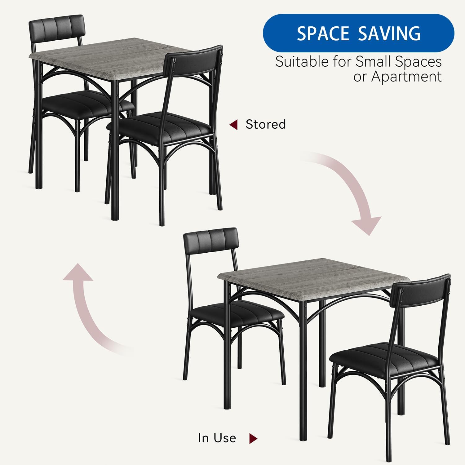 IDEALHOUSE Dining Table Set for 2, Kitchen Table and Chairs for 2 with Upholstered Chairs, 3 Piece Square Kitchen Table Set, Dining Room Table Set for Small Space, Apartment, Retro Black