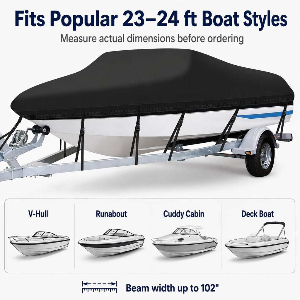 Angink 23ft-24ft Large Boat Cover Waterproof Marine Grade 600D Canvas, Fits Cuddy Cabin, Large Runabout & Deck Boats (Beam Width up to 102'), Winter Storage & Travel - Black