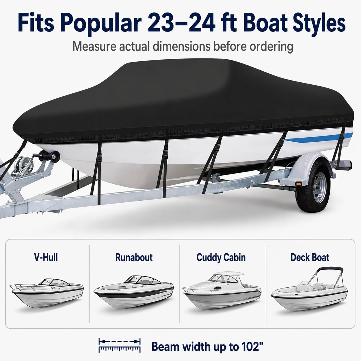 Angink 23ft-24ft Large Boat Cover Waterproof Marine Grade 600D Canvas, Fits Cuddy Cabin, Large Runabout & Deck Boats (Beam Width up to 102'), Winter Storage & Travel - Black