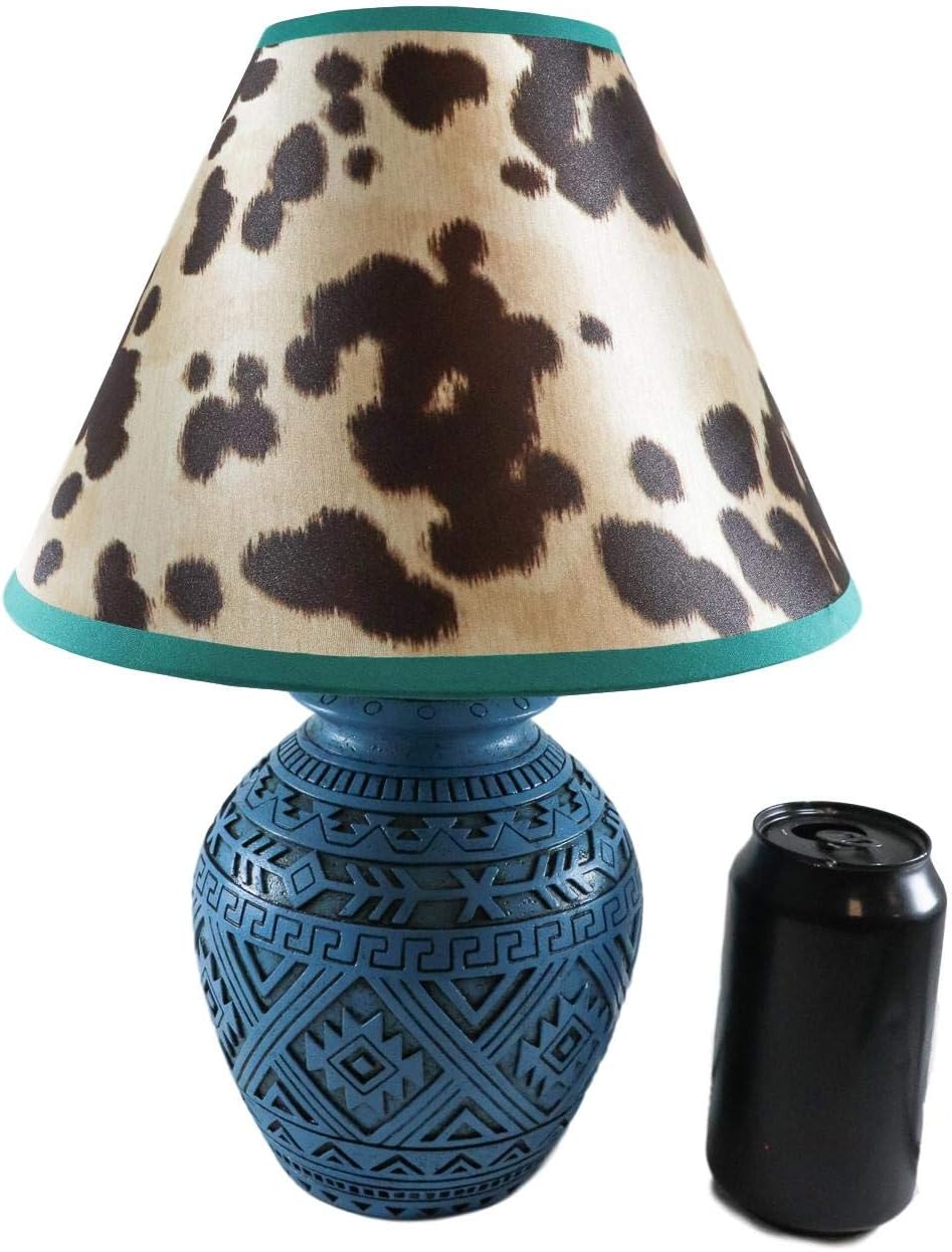 Ebros Blue Southwest Tribal Navajo Turquoise Vector Geometric Design Petite Vase Shaped Desktop Side Table Lamp With Faux Cow Print Shade 15'H Native Indian Country Western Home Accent Lighting Decor