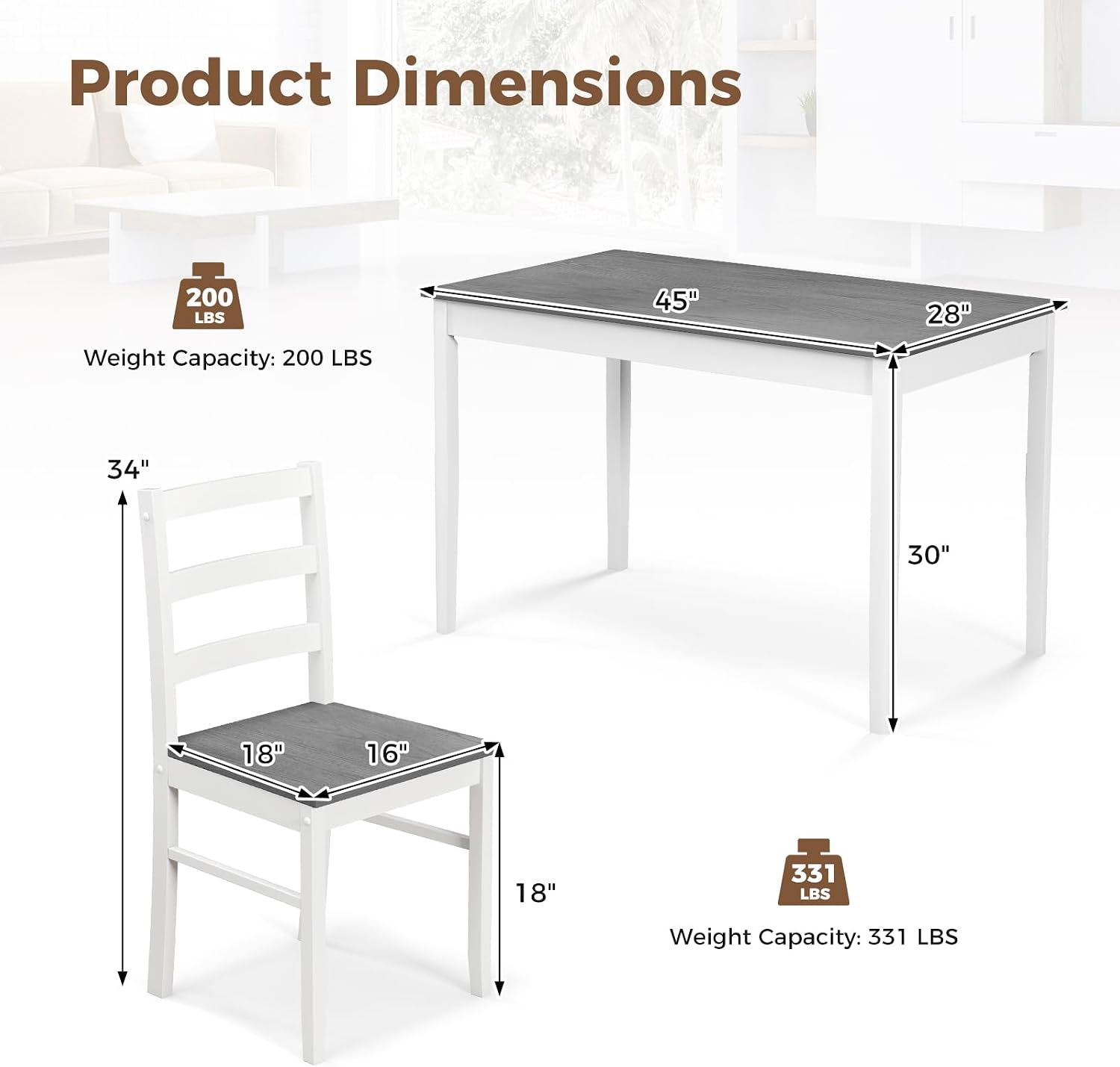 COSTWAY Dining Table Set for 4, Wood Kitchen Table Chairs Set with Rubber Wood Legs, Space-Saving Design, Modern 5-Piece Dinette Set for Small Place, Kitchen, Dining Room, Restaurant (Grey)