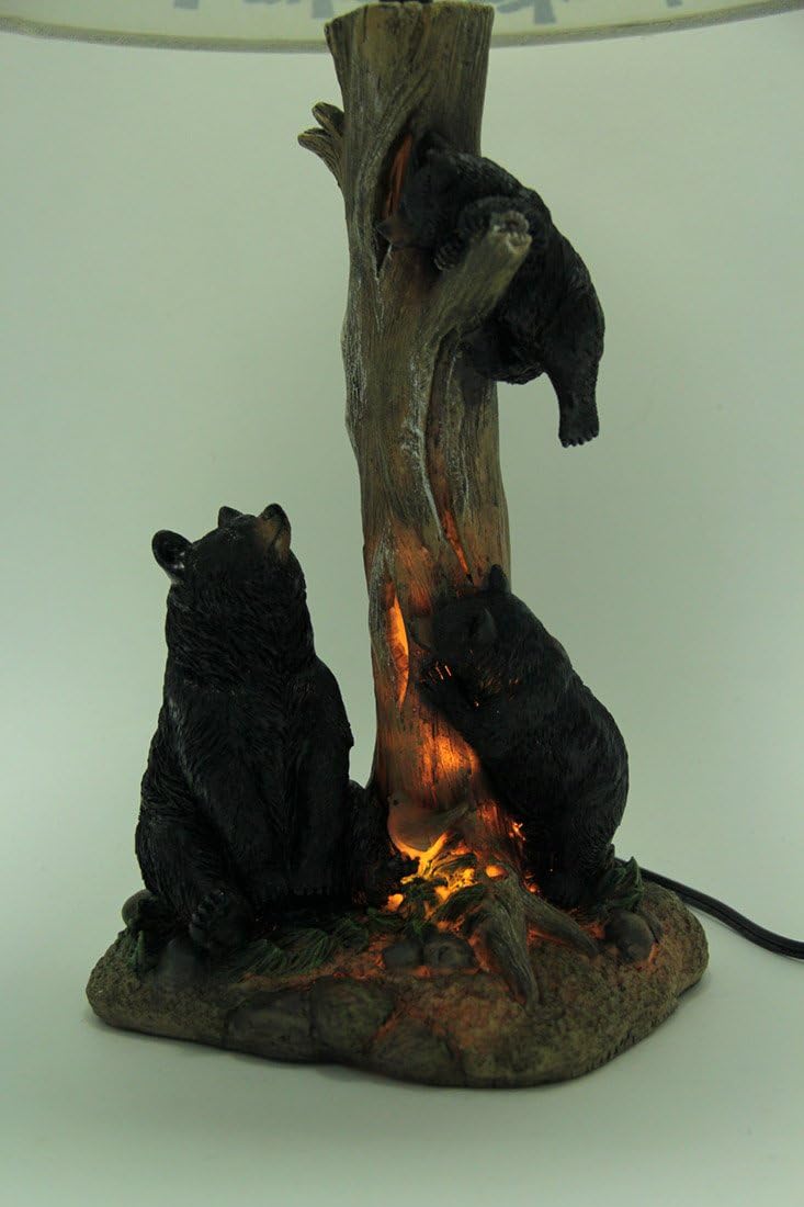 Zeckos Playful Black Bears Climbing Pine Tree Rustic Table Lamp with Nightlight Base