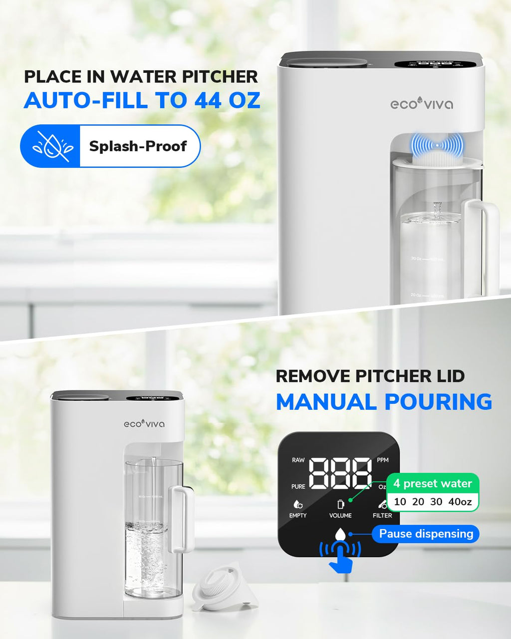 Ecoviva Mate 3 Countertop Reverse Osmosis Water Filter with 2 Auto-Fill Pitchers, 8-Stage RO Filtration System, Installation-Free, Reduces TDS, 3:1 Pure-to-Drain Ratio, Home & Kitchen, White