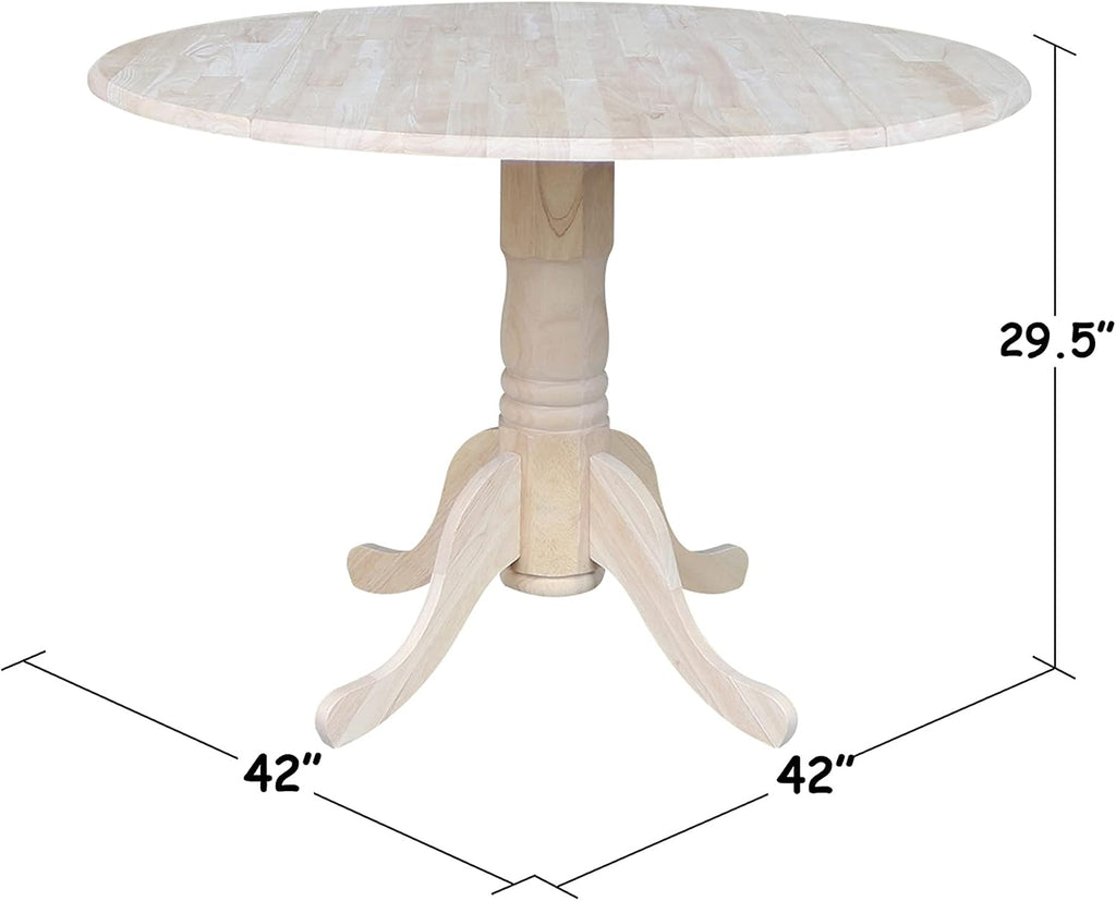 IC International Concepts, Round Dual Drop Leaf Pedestal Dining Table, Solid Real Wood, Sturdy Parawood, Dimensions 42'D x 42'W x 29.5'H, 40lbs Capacity, Paint/Stain Ready, Unfinished
