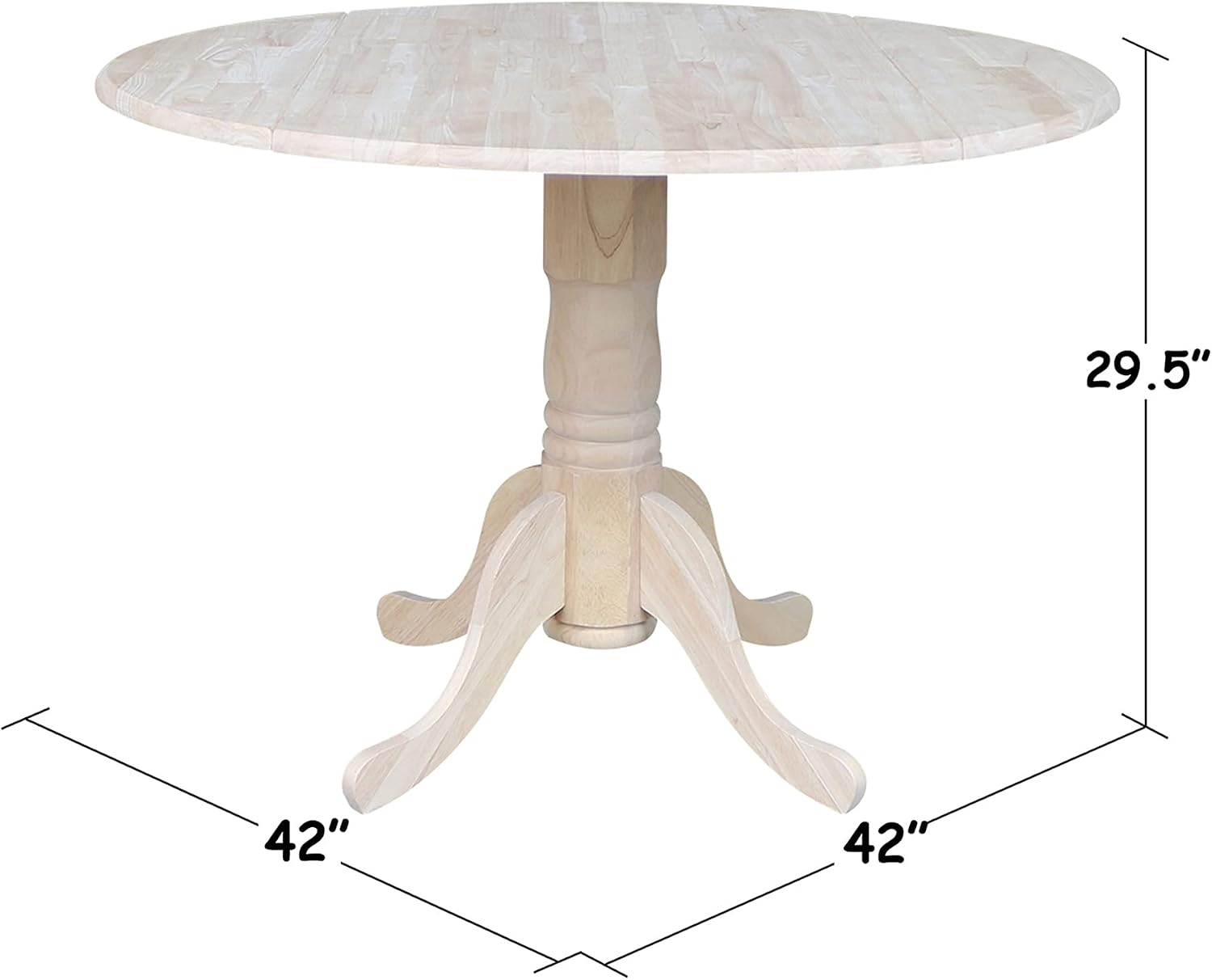 IC International Concepts, Round Dual Drop Leaf Pedestal Dining Table, Solid Real Wood, Sturdy Parawood, Dimensions 42'D x 42'W x 29.5'H, 40lbs Capacity, Paint/Stain Ready, Unfinished