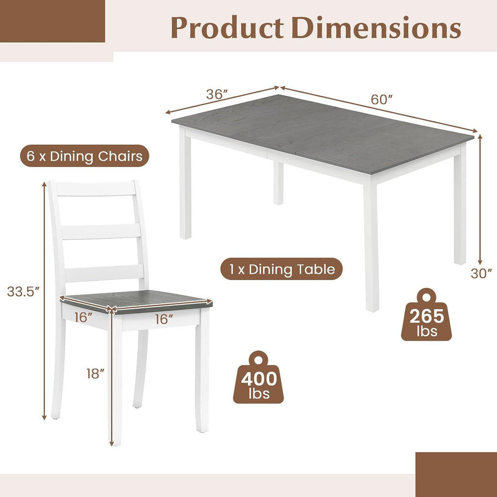Tangkula Dining Table Set for 6, Solid Wood, Farmhouse Dinette Set w/Rubber Wood Legs, Mid-Century Modern, Compact Dining Table and Chairs Set for Kitchen, Dining Room (Grey)