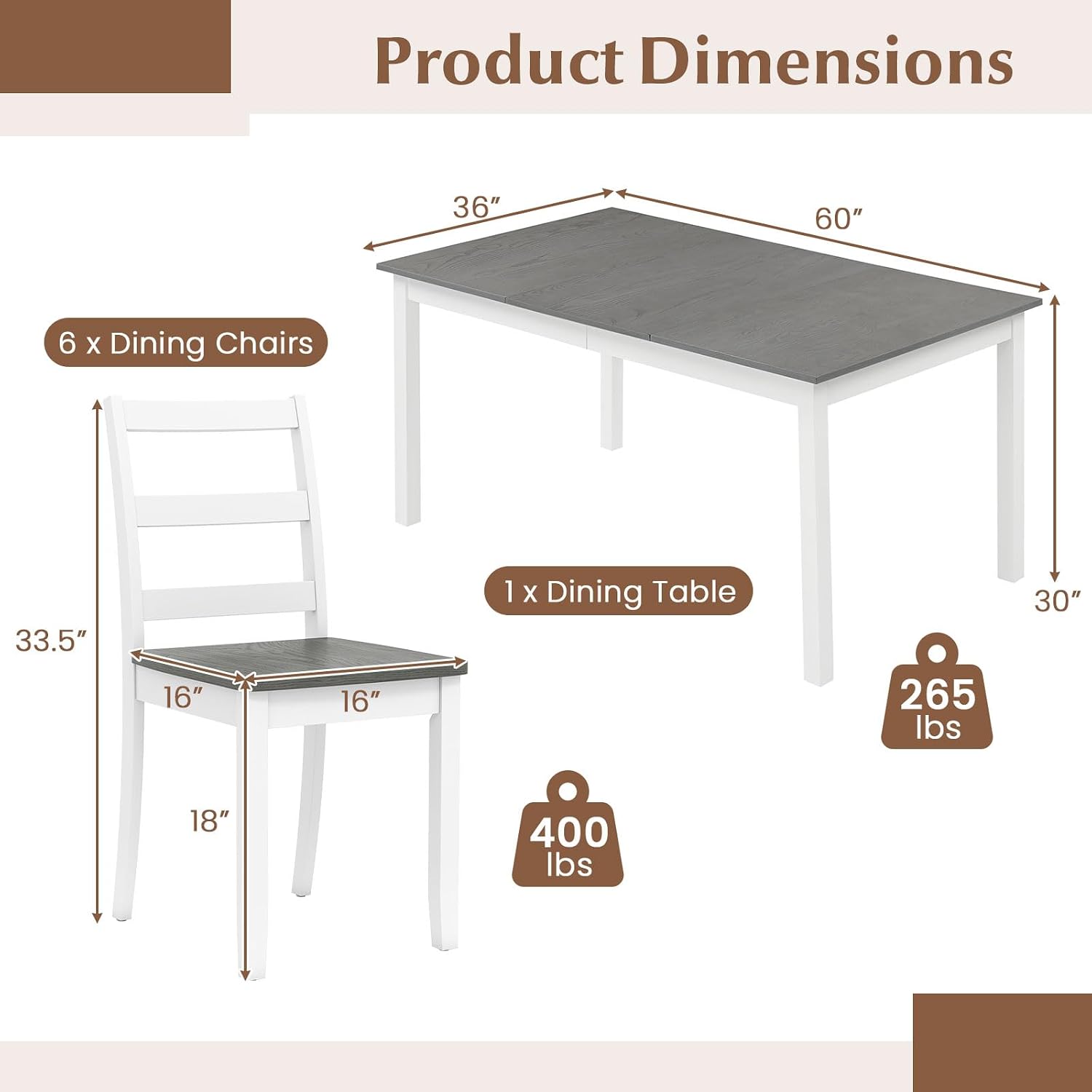 Tangkula Dining Table Set for 6, Solid Wood, Farmhouse Dinette Set w/Rubber Wood Legs, Mid-Century Modern, Compact Dining Table and Chairs Set for Kitchen, Dining Room (Grey)