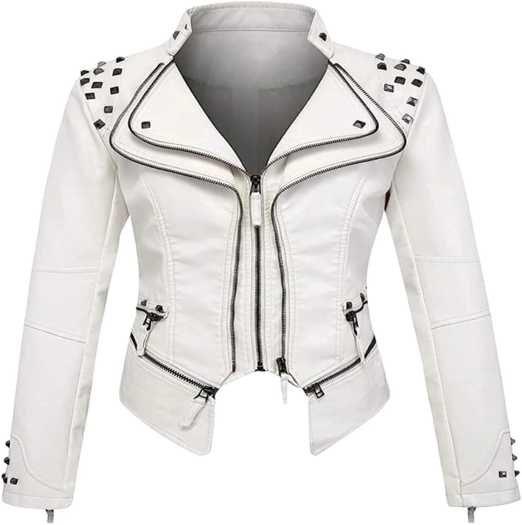 Ladies' Spring and Autumn suit collar, rivet waist, short style, washed PU, slimming and elegant leather jacket