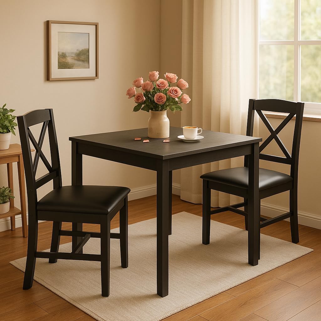 Tangkula Mid-Century Modern Dining Table Set for 2, Wooden Kitchen Table & 2 Chairs with Padded Seats, 3-Piece Compact Dining Set for Small Spaces, Kitchen, Living Room (Grey+Black)