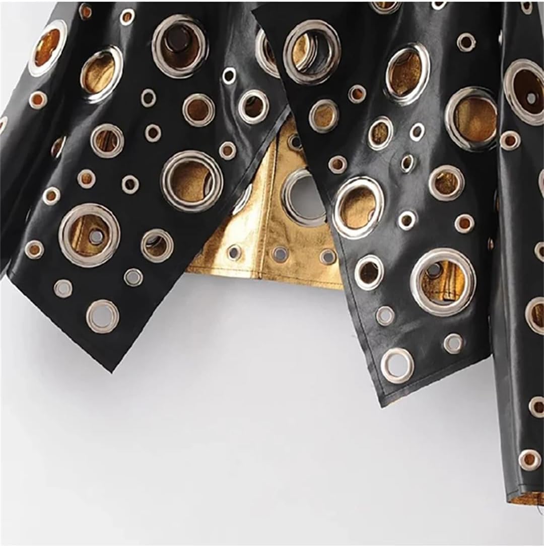 Women Spring Short Golden Rivet Stand Collar Hollow Faux Leather Jacket