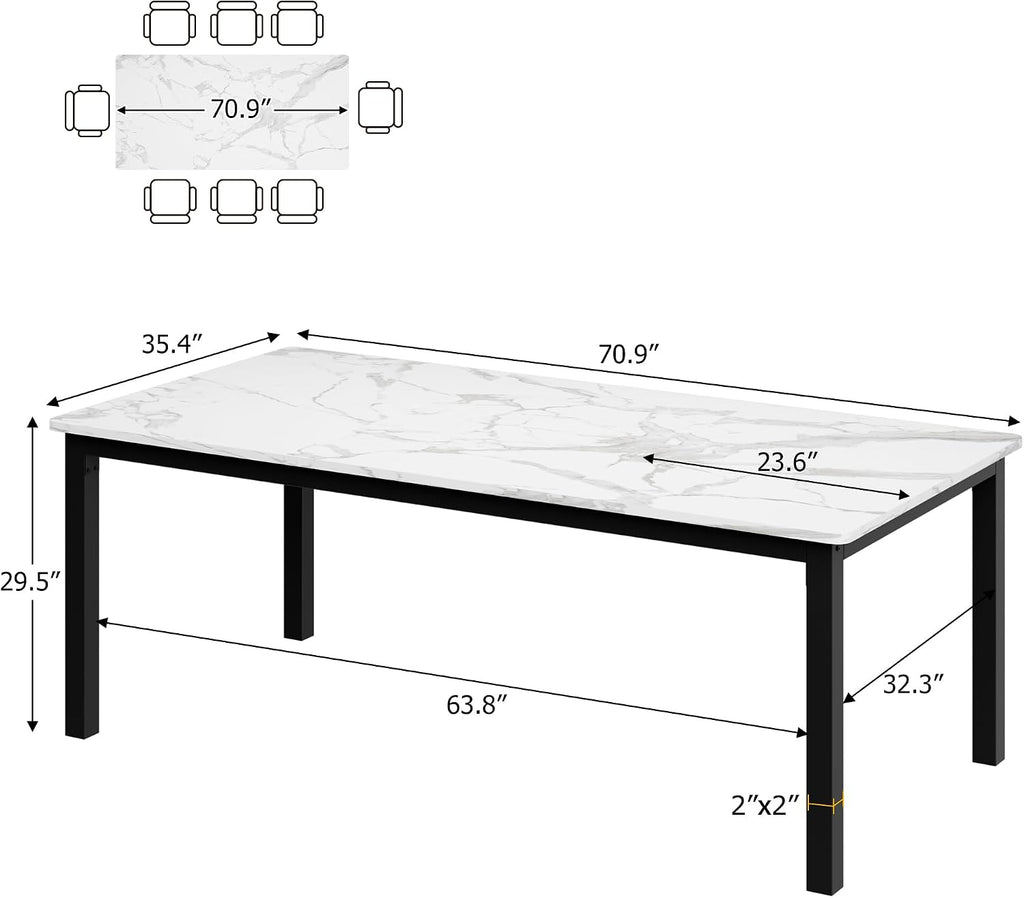 GarveeHome 70.8 in Industrial Dining Table for 6, Wooden Long Dinner Table with Mortise Tenon Design, Kitchen Table with Sturdy Metal Legs, for Dining Room Home Office Living Room, White