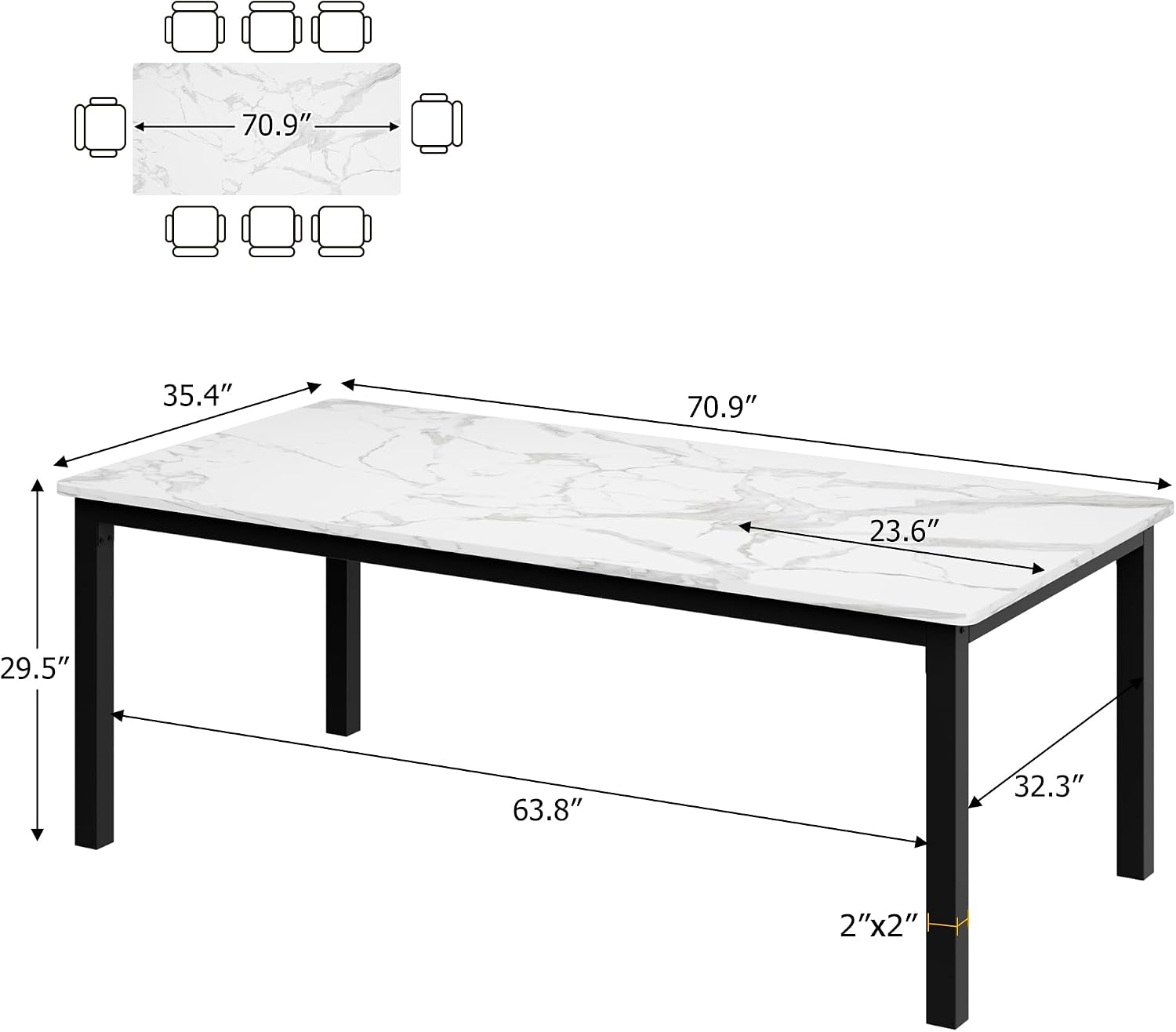 GarveeHome 70.8 in Industrial Dining Table for 6, Wooden Long Dinner Table with Mortise Tenon Design, Kitchen Table with Sturdy Metal Legs, for Dining Room Home Office Living Room, White