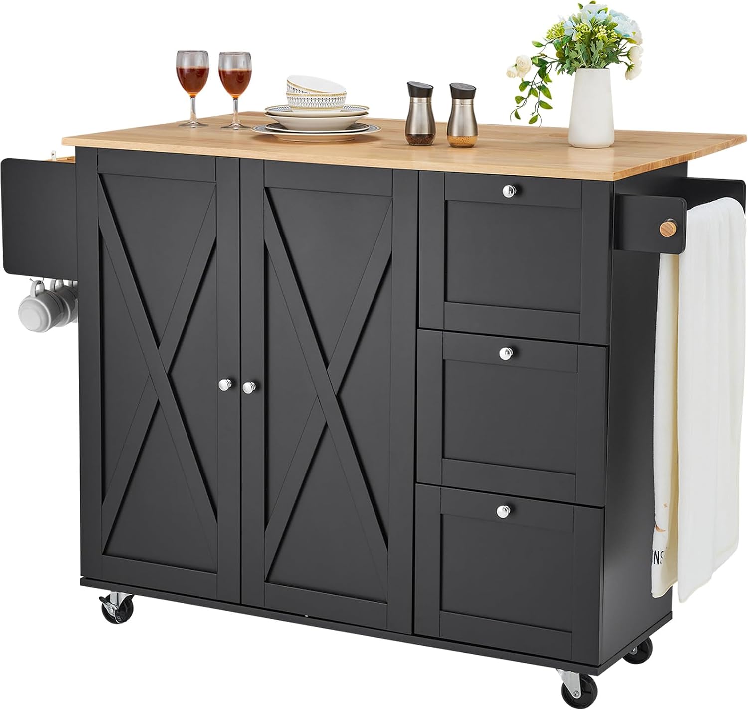 VEVOR Kitchen Island Cart, Rolling Table with Drop Leaf, Spice Rack, Towel Bar, Adjustable Shelf, Drawer, and Hooks, Mobile Island on Wheels, Mobile Carts with Storage Cabinet, 45.3' Wood Top, Black